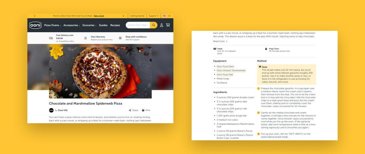 Screenshots showing a recipes page interface